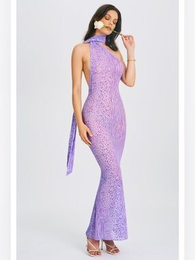Miss Circle Olena Halter Neck Mesh Maxi Dress Purple Animal Print Size M